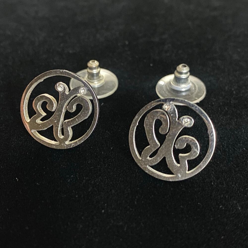 Cute Silver Tone Butterfly Cutout Circle Stud Earrings w/ CZ Unsigned 5/8" Long